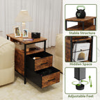 End Table with Charging Station, Narrow Side Table with 2 Fabric Drawers & Storage Shelf, USB Ports & Power Outlets, Nightstand for Bedroom, Living Room and Small Spaces, Rustic Brown