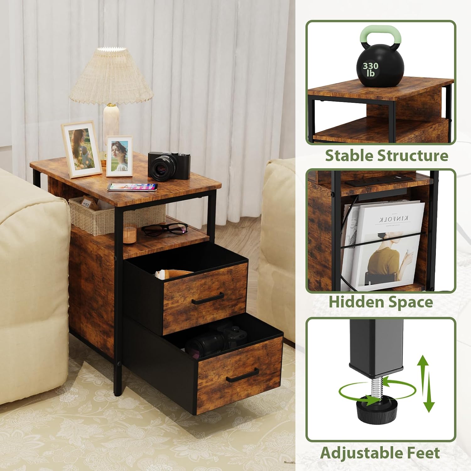 End Table with Charging Station, Narrow Side Table with 2 Fabric Drawers & Storage Shelf, USB Ports & Power Outlets, Nightstand for Bedroom, Living Room and Small Spaces, Rustic Brown