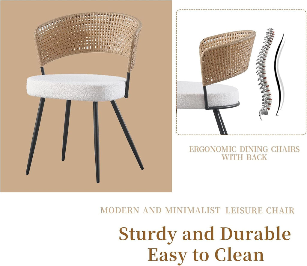 Rattan Dining Chairs Set of 4,Farmhouse Upholstered Teddy Cushion with PE Cane Round Back Kitchen Chair,Mid Century Modern Dining Room Chair with Black Metal for Kitchen,White