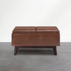 SIMPLIHOME Owen 34" Vegan Leather Storage Ottoman in Distressed Pecan Brown