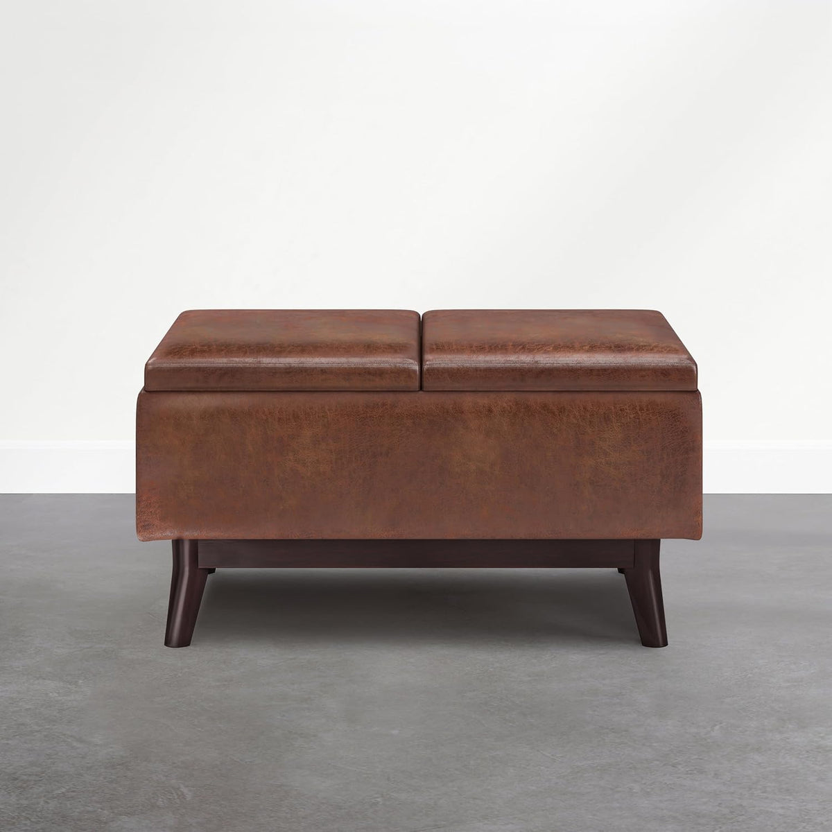SIMPLIHOME Owen 34" Vegan Leather Storage Ottoman in Distressed Pecan Brown