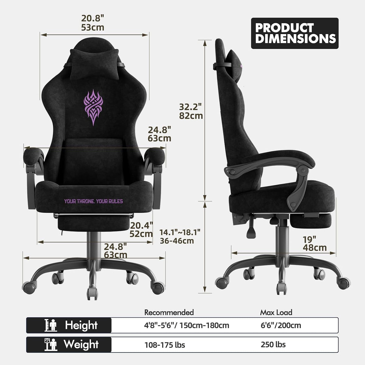 Soontrans Black Velvet Fabric Gaming Chairs with Footrest, Ergonomic Comfortable Video Gamer Chair, Reclining Office Computer Desk Game Chairs with Massage Lumbar Cushion,Headrest for Adult