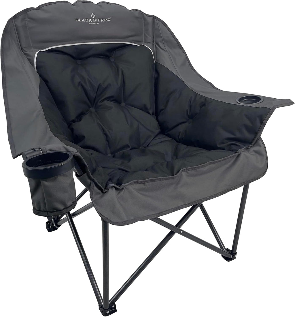 Black Sierra Plush XL Padded Camping Chair for Adults, Oversized Heavy Duty Folding Seat Supports 400 lbs, Plush Comfort with Cup Holders & Carry Bag for Camping, Tailgating, Patio, RV