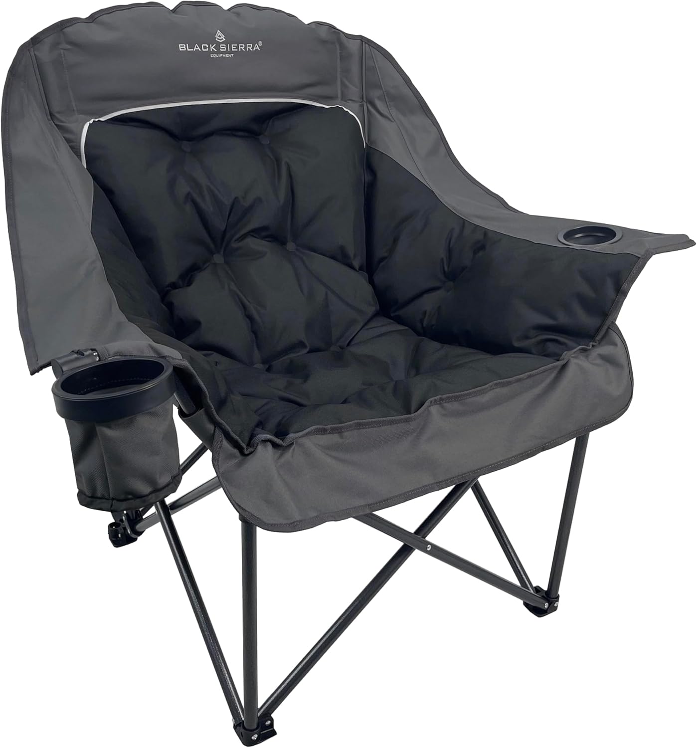 Black Sierra Plush XL Padded Camping Chair for Adults, Oversized Heavy Duty Folding Seat Supports 400 lbs, Plush Comfort with Cup Holders & Carry Bag for Camping, Tailgating, Patio, RV