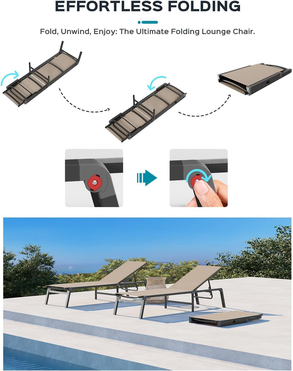 Ciokea Aluminum Chaise Lounge Ourdoor - Foldable & Assemble Free Outdoor Lounge Chair with 5 Adjustable Backrest, Patio Lounge Chair for Outside Poolside Beach Pool, Khaki