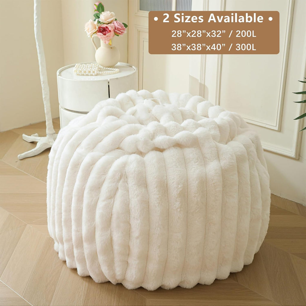 MEGO 3FT Fluffy Faux Rabbit Fur Bean Bag Chair Cover, No Filler, Beige | Plush Ribbed Stuffed Animal Bean Bag Storage, Washable & Anti-slip, Decor Furry Striped Large Beanbag Cover for Girls Adults