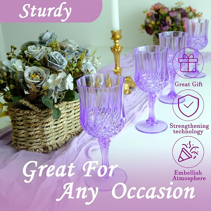 Plastic Wine Glasses，Plastic Goblets Vintage Style Cordial Drinking Glasses for Wedding Reception, Grand Event Party Supplies (12, Purple)
