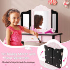 Costzon Kids Vanity Table and Chair Set, Girls Vanity Set with Mirror and Stool, Storage Drawer, Wooden Princess Makeup Dressing Table, Vanity Set for Little Girls