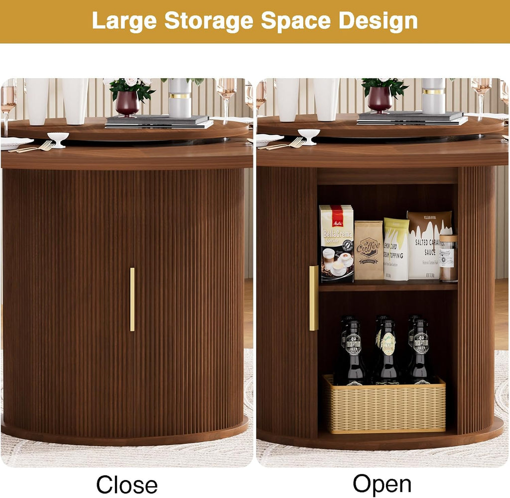 55" Round Dining Room Table with Lazy Susan, Mid-Century Modern Kitchen Table, Pedestal Storage with Wavy Sliding Doors, Seats 6, Stable Rounded Base, Easy-Clean Finish (Walnut)