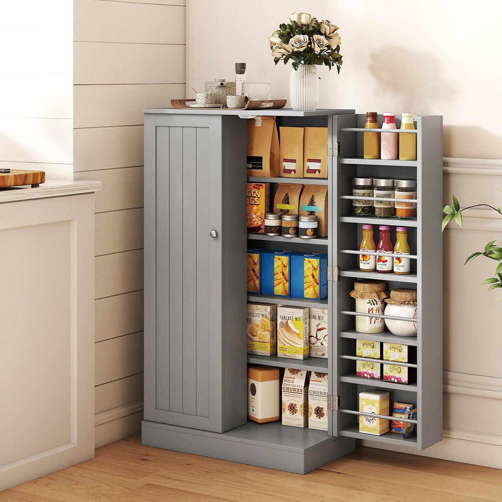 TANGZON 41"/47" Kitchen Cupboard, Kitchen Pantry Cabinet with Doors & Adjustable Shelves, Space Saving Larder Storage Cupboard Organiser for Dining Room Living Room Entryway (60 x 30 x 104cm, Grey)