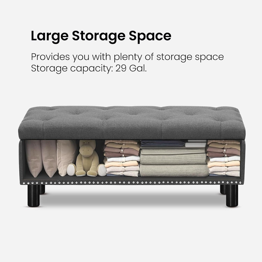 Furniliving 42" Ottoman with Storage, End of Bed Bench with Button-Tufted Large Upholstered Ottoman Entryway Bench Storage Bench for Bedroom, Living Room, Linen, Grey