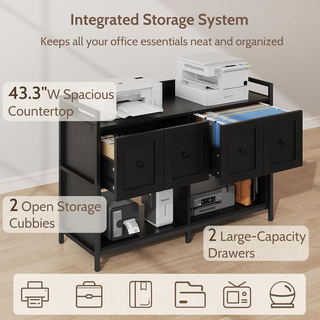 Filing Cabinet for Home Office, 43" Wood File Cabinet with Power Outlet, 2 Drawers, 2 Open Storage Shelves, Black Lateral File Storage Fits Legal/Letter/A4 Size, Printer Stand with Bookshelf Organizer