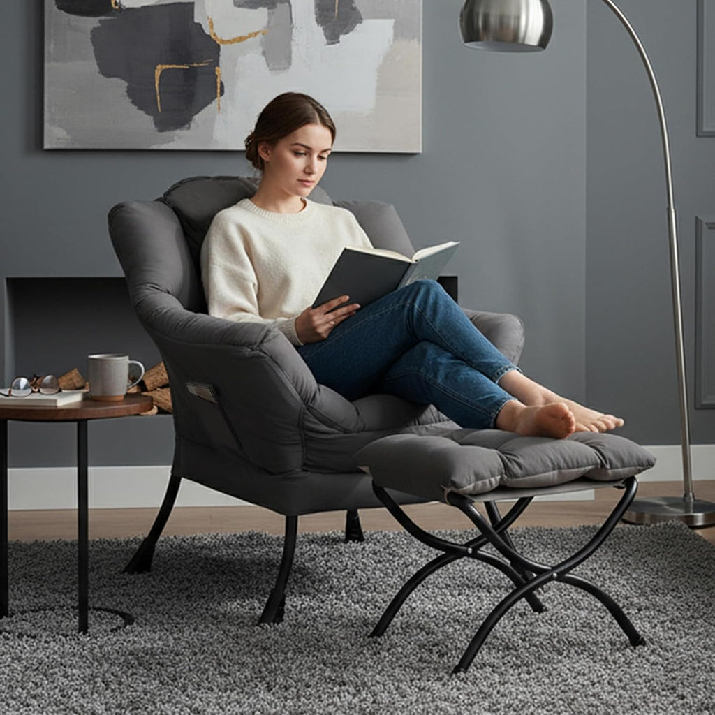 Tiita Lazy Chair, Gray Modern Large Accent Armchair, Comfy Leisure Sofa Reading Chair for Bedroom, Living Room, Dorm Rooms, Garden and Courtyard, Dark Grey