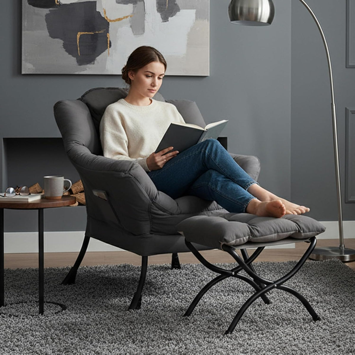 Tiita Lazy Chair, Gray Modern Large Accent Armchair, Comfy Leisure Sofa Reading Chair for Bedroom, Living Room, Dorm Rooms, Garden and Courtyard, Dark Grey