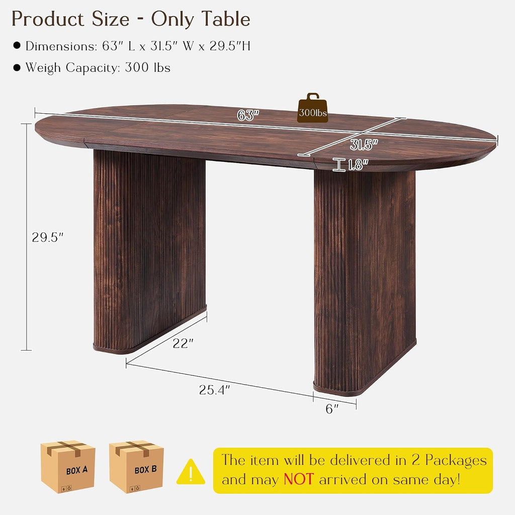 T4TREAM 63" Fluted Oval Dining Table for Kitchen Living Room, Walnut | Mid Century Modern Kitchen Table, Seats 4-6, Thickened Edge and Sturdy Strip Pedestal Base