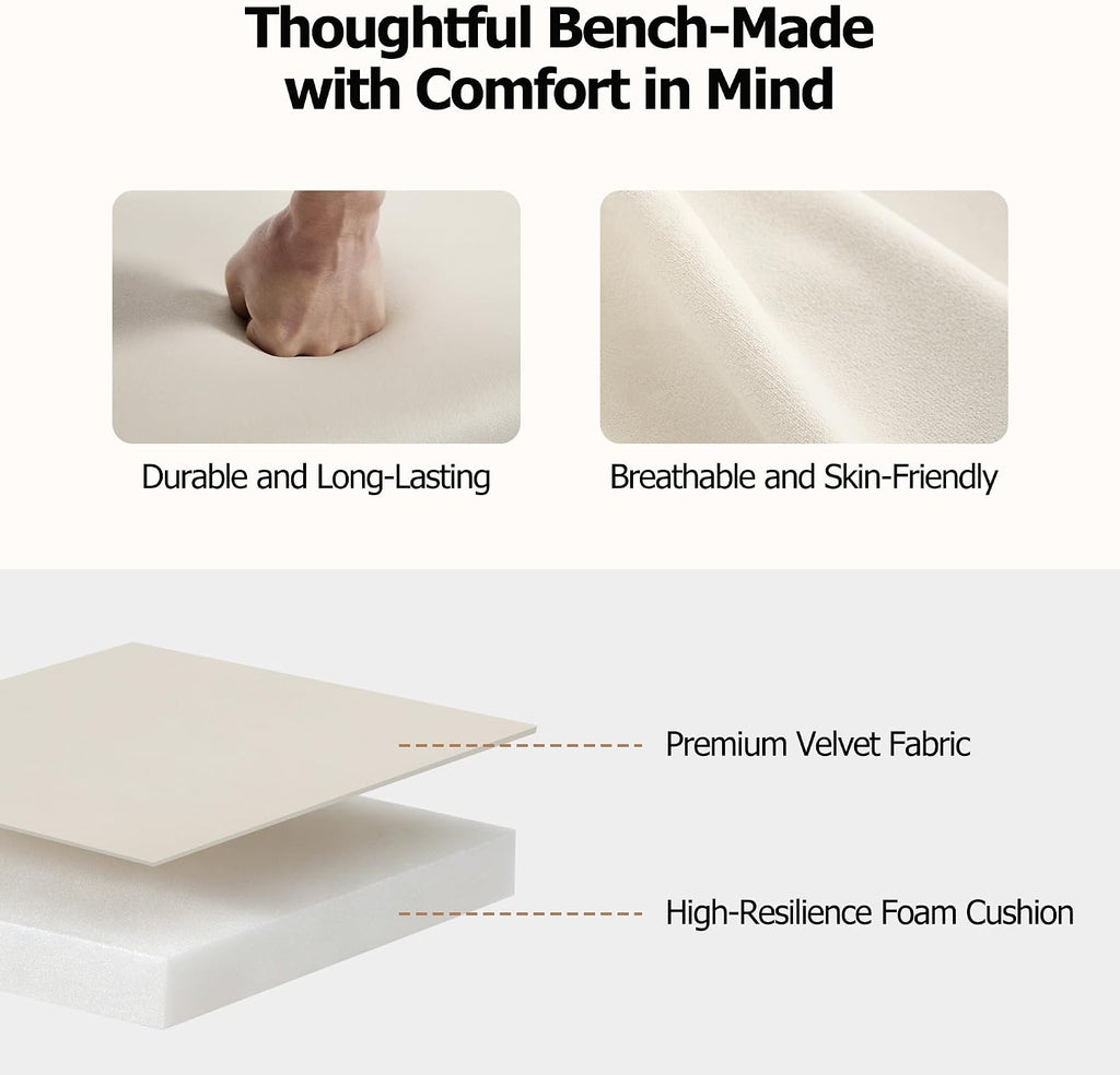 45" Upholstered Storage Shoe Bench, Velvet Fabric End of Bed Bench with Metal Shelf, Modern Bedroom Bench with Rolled Arms, Entryway Window Bench with Storage for Living Room, Hallway, Cream