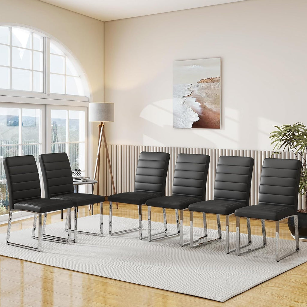 Modern Leather Dining Chairs, Set of 6 | Upholstered Padded Seats with Sturdy Metal Legs, Armless Kitchen & Dining Room Furniture for Home (Black, Set of 6)