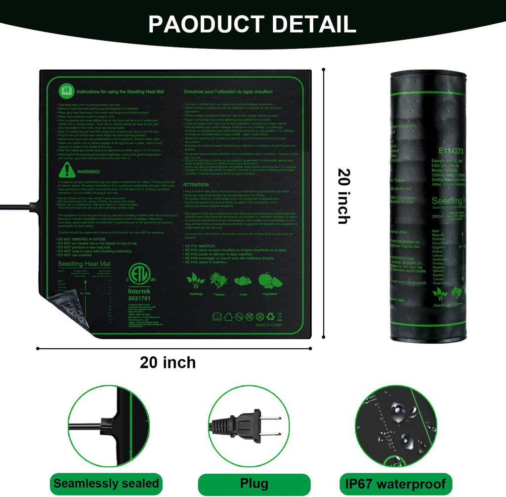 Upgrade 20"x20" Durable Waterproof Seedling Heat Mat with ETL Certified, Warm Hydroponic Heating Pad for Germination,Indoor Gardening,Brewing and Greenhouse