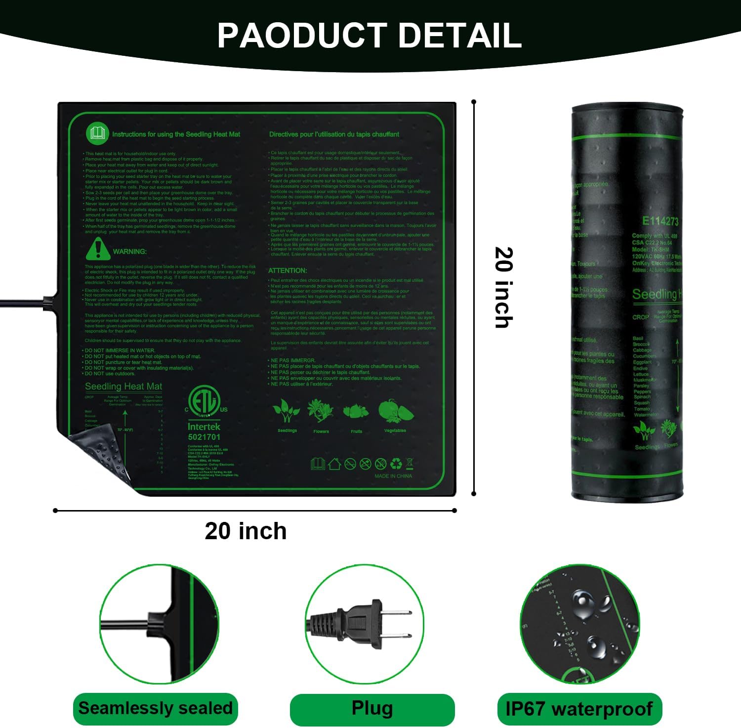 Upgrade 20"x20" Durable Waterproof Seedling Heat Mat with ETL Certified, Warm Hydroponic Heating Pad for Germination,Indoor Gardening,Brewing and Greenhouse
