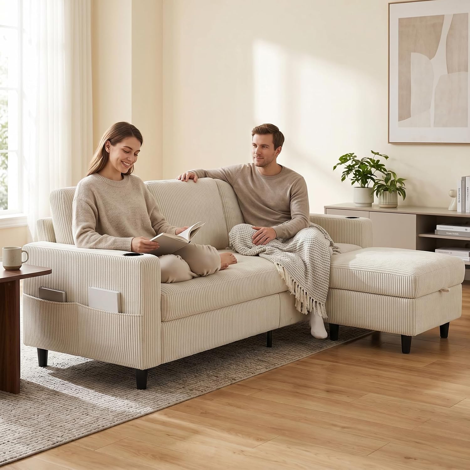 Convertible Sectional Couches for Living Room, 3 Seats L Shaped Sofa with Storage Ottoman & 2 Cup Holders, Modern Corduroy Couch Small Sofas for Small Space, Apartment, Office, Beige