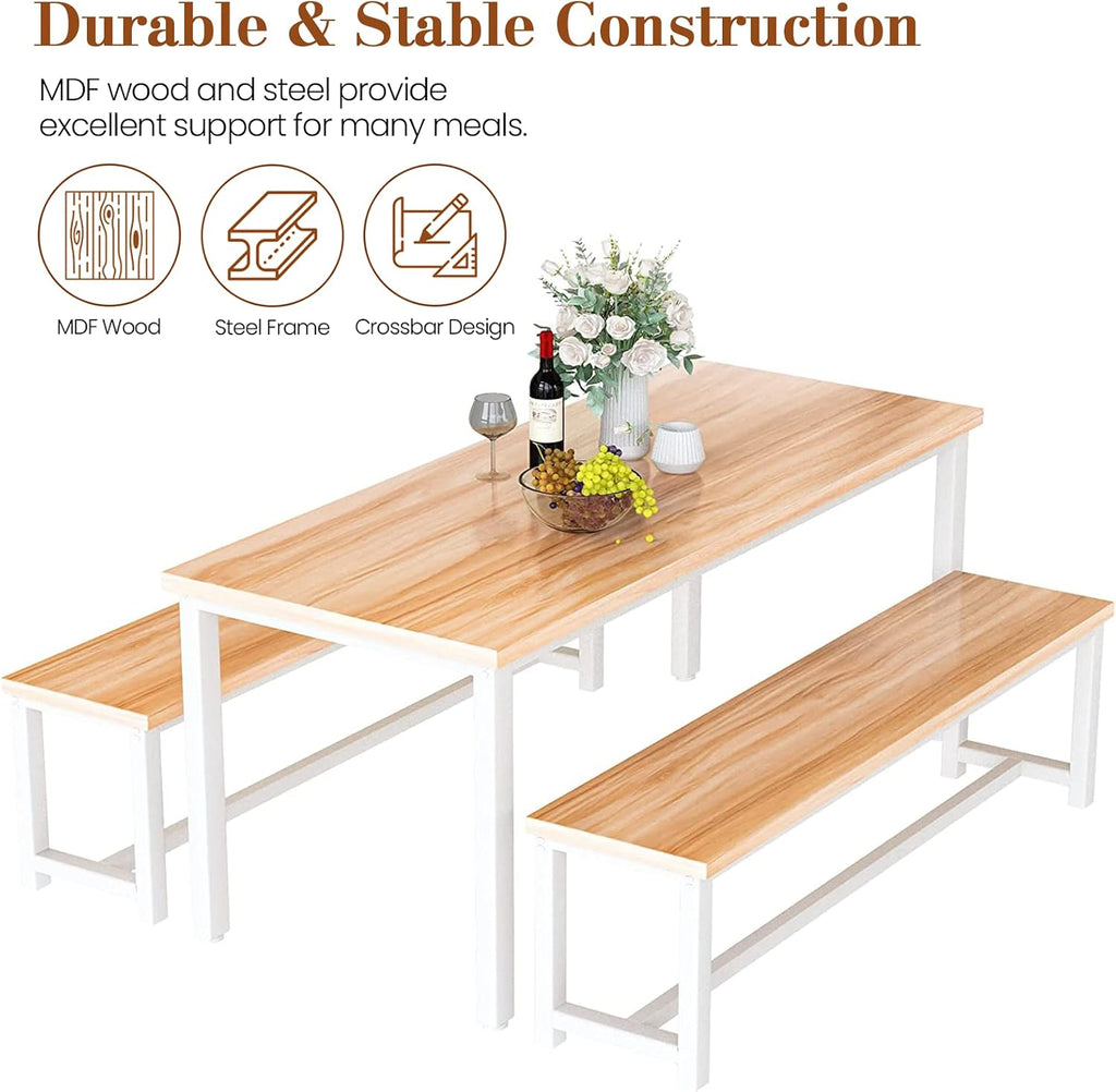 DKLGG Dining Table Set for 4, Wooden Kitchen Table with 2 Dining Bench | 47.2” Farmhouse Dining Room Table Set, Space Saving Table and Chairs Set for Small Space, Kitchen,Dining Room,Apartment