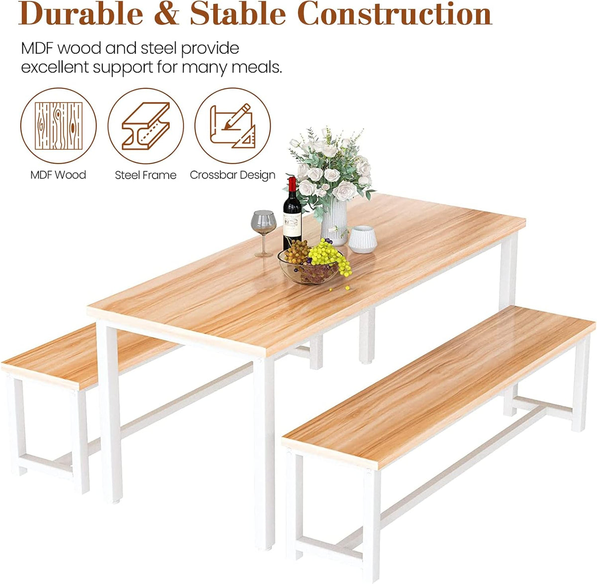 DKLGG Dining Table Set for 4, Wooden Kitchen Table with 2 Dining Bench | 47.2” Farmhouse Dining Room Table Set, Space Saving Table and Chairs Set for Small Space, Kitchen,Dining Room,Apartment