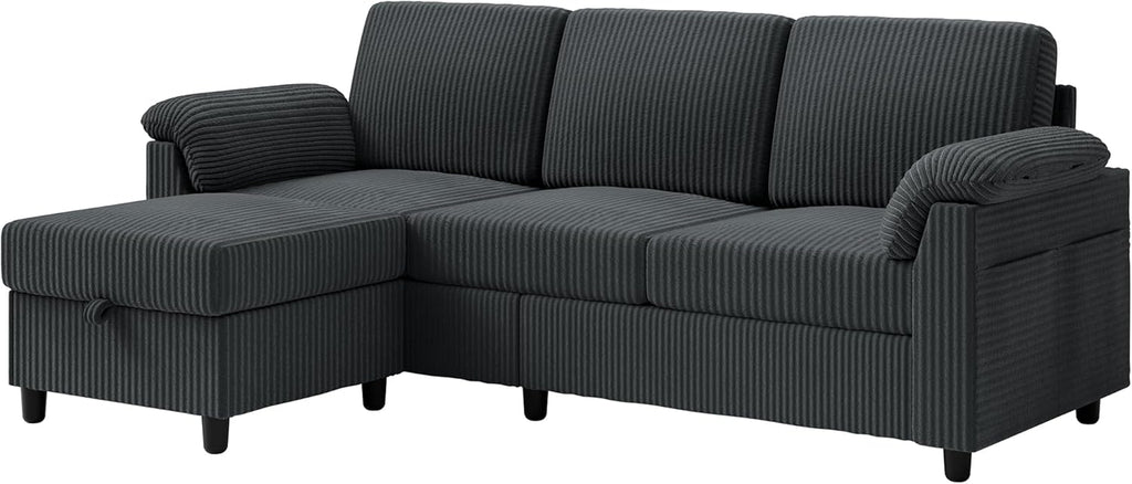 Vongrasig Convertible Sectional Sofa Couch, 3 Seat L Shaped Sofa with Removable Pillows Soft Corduroy Fabric Small Couches Mid Century for Living Room, Apartment and Office (Gray)