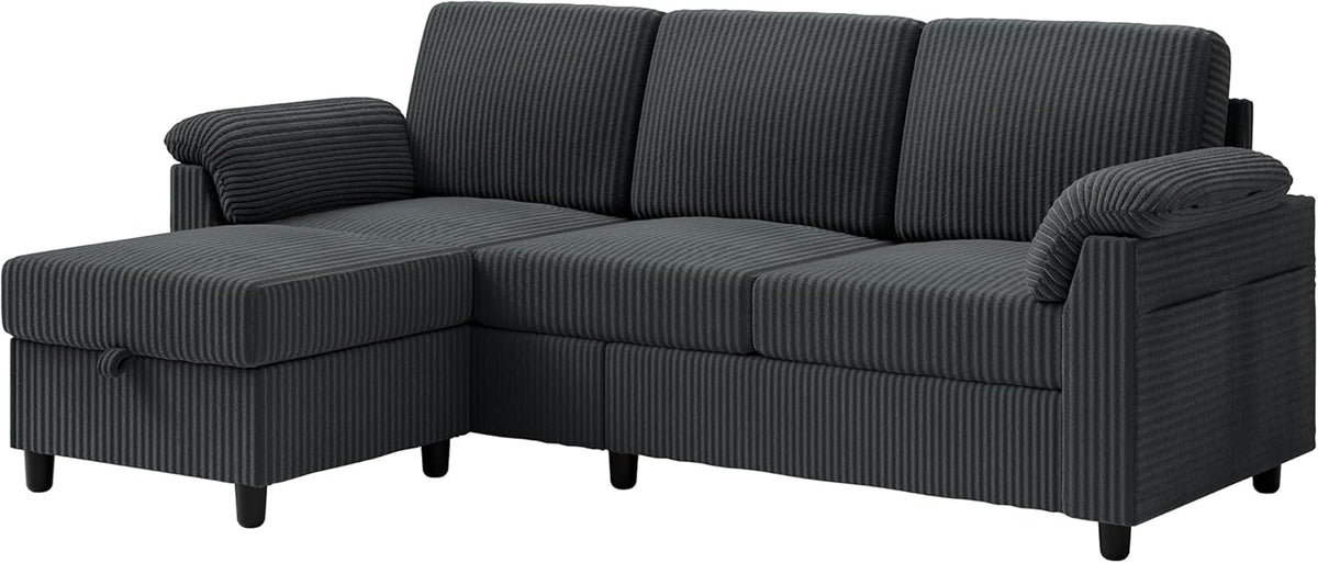 Vongrasig Convertible Sectional Sofa Couch, 3 Seat L Shaped Sofa with Removable Pillows Soft Corduroy Fabric Small Couches Mid Century for Living Room, Apartment and Office (Gray)