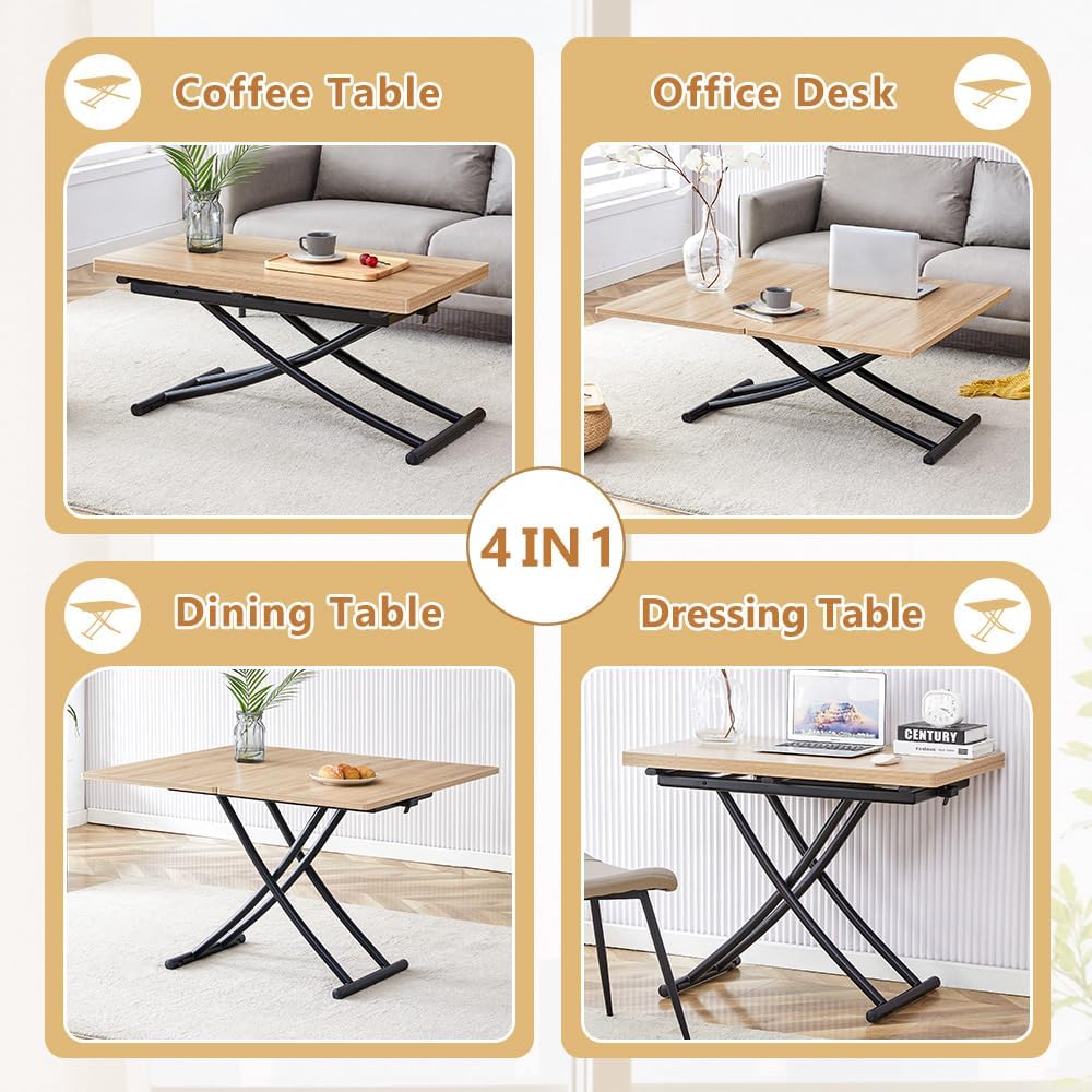 Adjustable Height Coffee Table to Dining Table, Lift Top Foldable Dining Table with Expandable Top & Wheels, Convertible Coffee Table for Small Spaces & Apartments