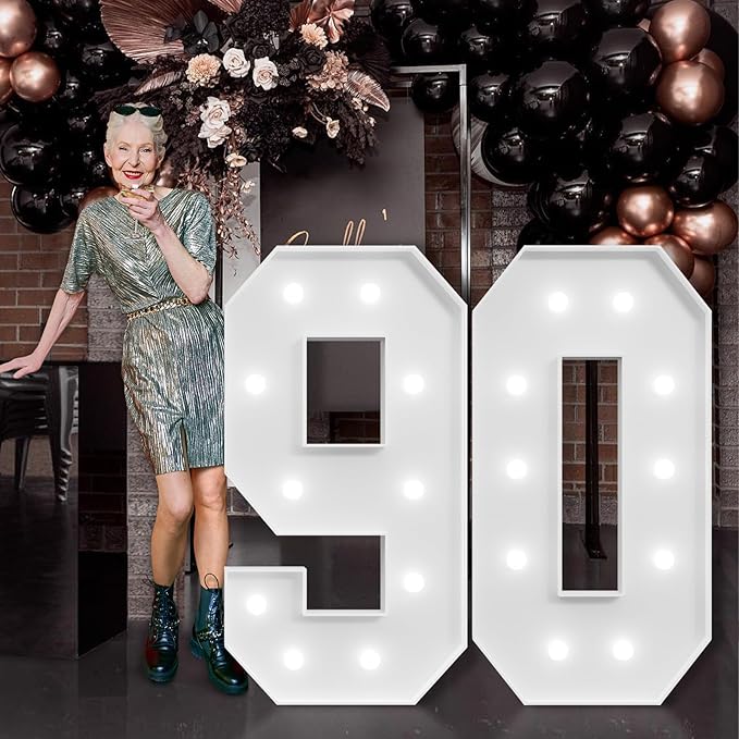 imprsv Marquee Numbers Large 90th-Birthday Decorations: 4ft Light Up Number Party Decor 90 Year Old Women and Men Birthday Decoration Backdrop Anniversary Cardboard Big Mosaic Balloon Frame Number 90