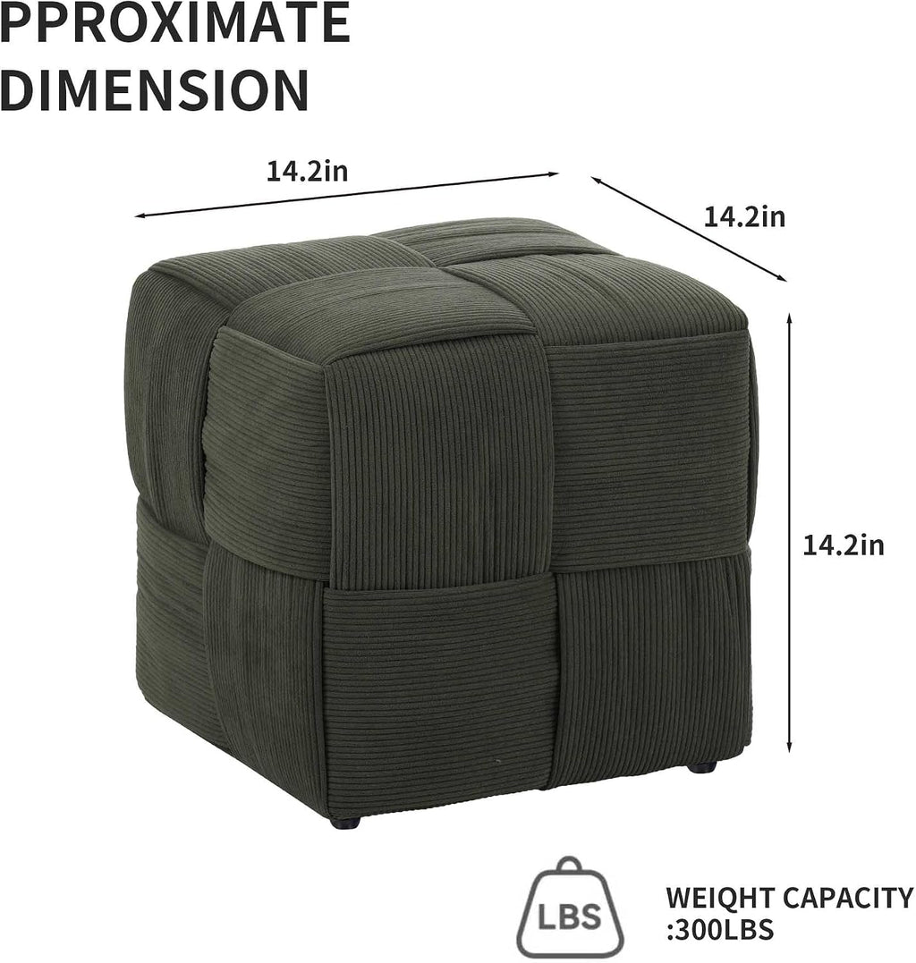 Green Cube Ottoman, Foot Rests Pouf Soft and Comfortable Corduroy Woven Design, Foot Rest for Couch for Living Room, Bedroom, Square Pouf Ottoman 14.2" (Green)