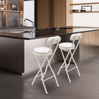 Set of 2-Folding Bar Stool Chair with Back, White Tall Foldable Chair Leather Padded Counter Height Collapsible Stool for Adults Kitchen Island Guitar Shop Cafe