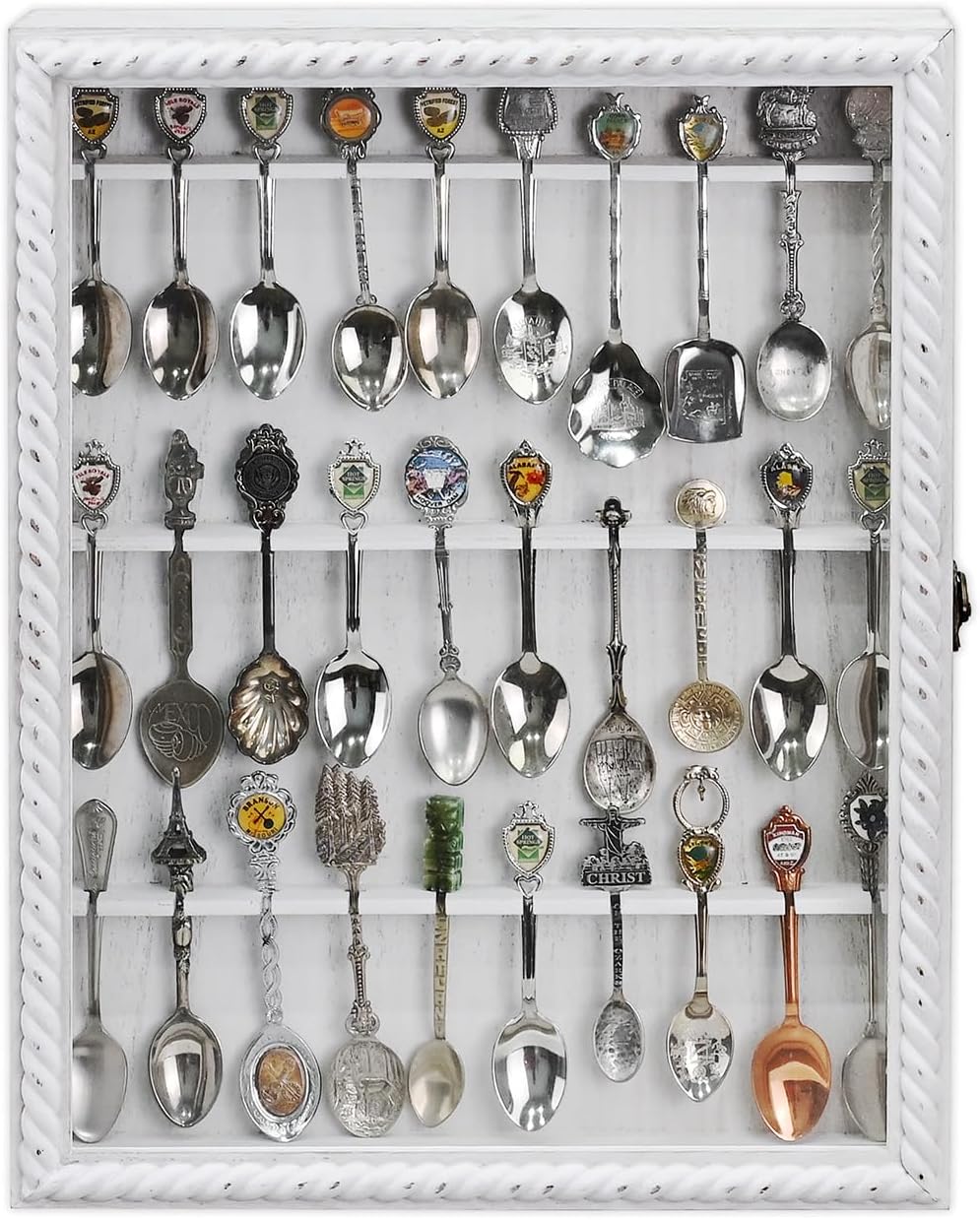 Ikee Design Wooden 30-Souvenir Spoon Display Case Cabinet, Wall-Mounted Tea Spoon Rack with Tempered Glass Door Suitable for Collection Display, Antique White Color, 13.4W x 2.6D x 15.7H in