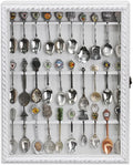 Ikee Design Wooden 30-Souvenir Spoon Display Case Cabinet, Wall-Mounted Tea Spoon Rack with Tempered Glass Door Suitable for Collection Display, Antique White Color, 13.4W x 2.6D x 15.7H in