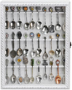 Ikee Design Wooden 30-Souvenir Spoon Display Case Cabinet, Wall-Mounted Tea Spoon Rack with Tempered Glass Door Suitable for Collection Display, Antique White Color, 13.4W x 2.6D x 15.7H in
