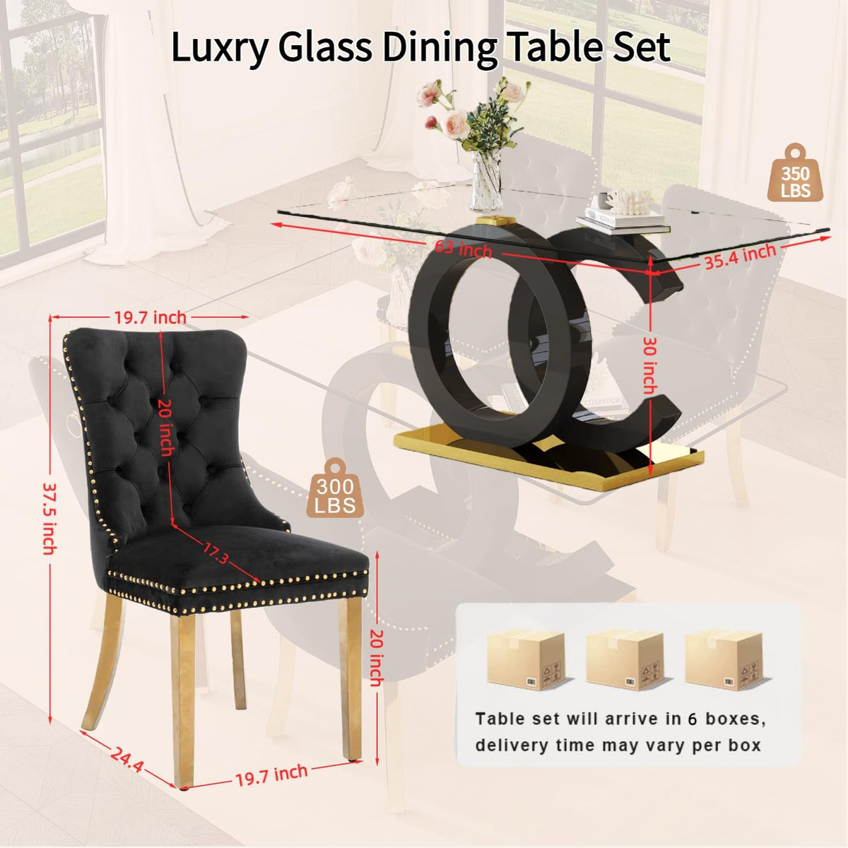 Ebullient Glass Dining Table Set for 6, 63" Modern Kitchen Table with 6 Black Velvet Upholstered Chairs, Tempered Glass Top, Gold Metal Base, 7 Piece Rectangular Dining Room Furniture