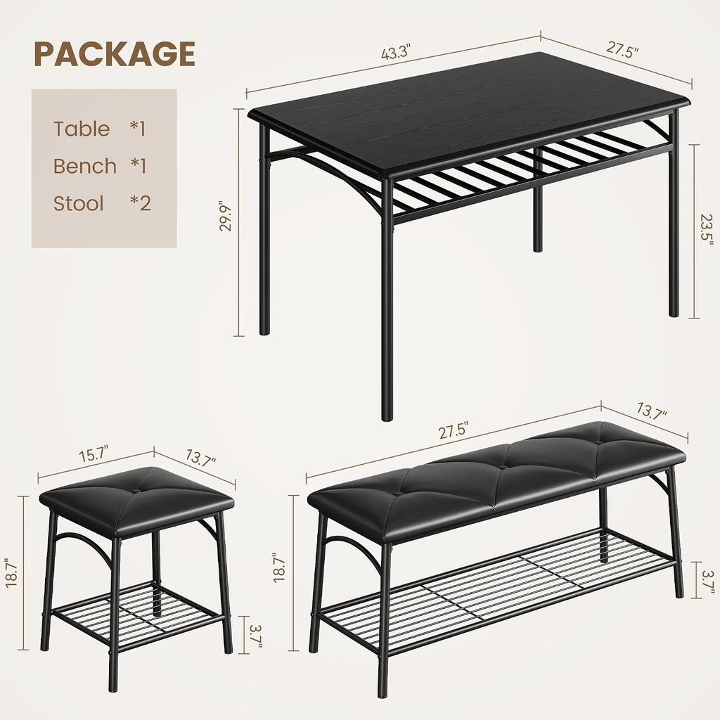 GAOMON Dining Table with Benches, Kitchen Table Set for 4, Dining Room Table Set with Upholstered Bench and Square Stools, Metal and Wood Dining Table Set for 4 with Storage for Small Space-Black