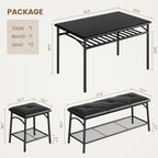 GAOMON Dining Table with Benches, Kitchen Table Set for 4, Dining Room Table Set with Upholstered Bench and Square Stools, Metal and Wood Dining Table Set for 4 with Storage for Small Space-Black