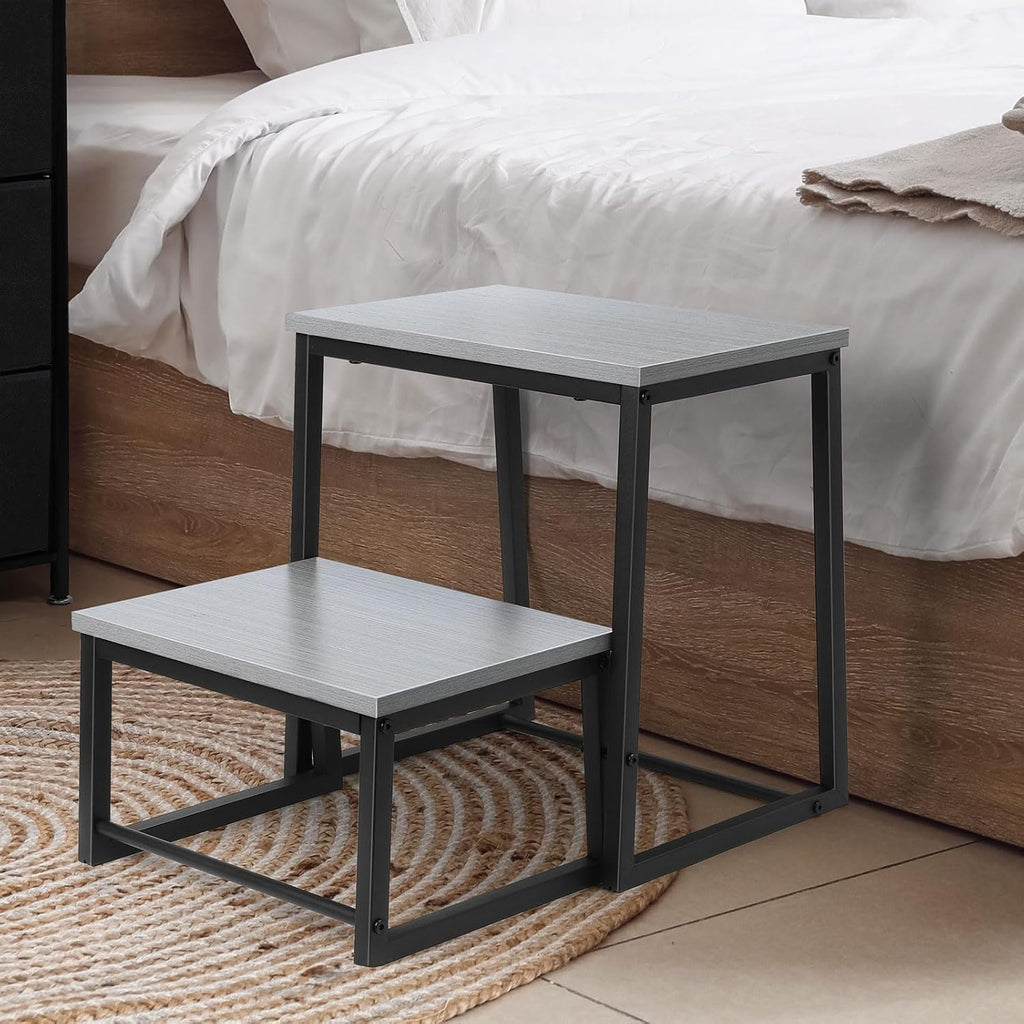 LIANTRAL 2 Step Stool for Adults, 2 in1 Foot Stool for High Bed, Kitchen,RV | Heavy Duty, Non-Slip, Steel Frame & Wooden Steps, 500lbs Load Capacity, Gray