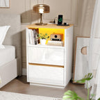 VINGLI White Nightstand with Charging Station, High Gloss Led Night Stand with Drawers, End Table, Bedside Table, Smart Nightstand Modern, Small Night Stand for Bedroom, 15.63" W*11.61" D*23.62" H