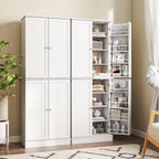 Byroce 65.5” Kitchen Pantry Cabinet, Storage Cabinet with 4 Doors & 8-Tier Shelves, Freestanding Kitchen Hutch Cupboard with Baffle, Tall Buffet Sideboard for Dining Room & Living Room (White)