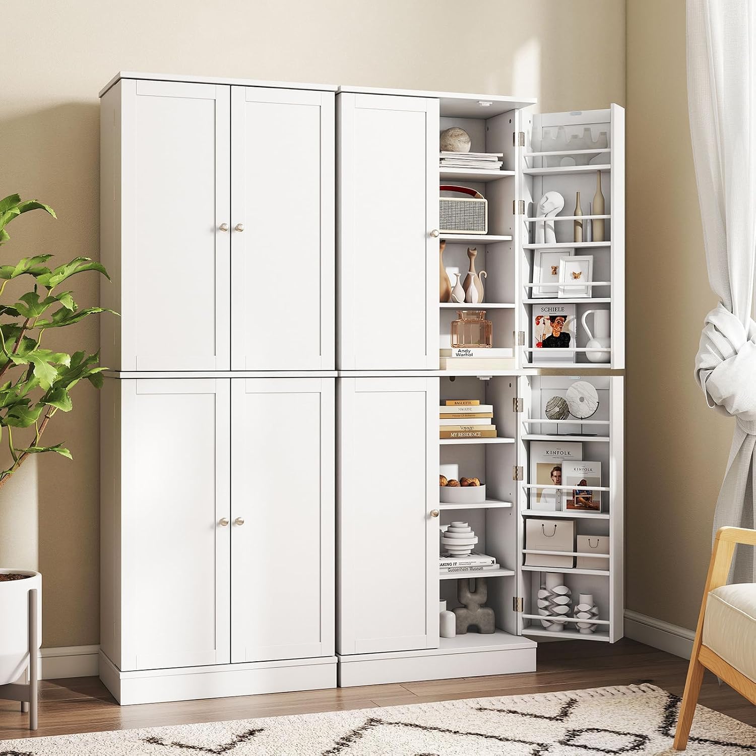 Byroce 65.5” Kitchen Pantry Cabinet, Storage Cabinet with 4 Doors & 8-Tier Shelves, Freestanding Kitchen Hutch Cupboard with Baffle, Tall Buffet Sideboard for Dining Room & Living Room (White)
