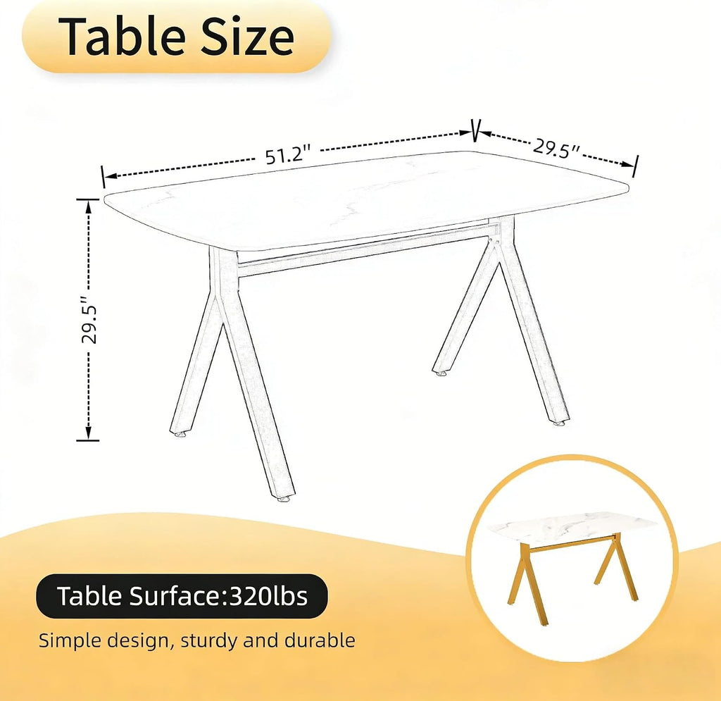 51.2 Inch Faux Marble Dining Table,Rectangular Glass Dining Table for 4-6,White Dining Room Table with Tempered Glass Tabletop and Golden Metal Legs,Luxury Dinner Table for Kitchen Apartment