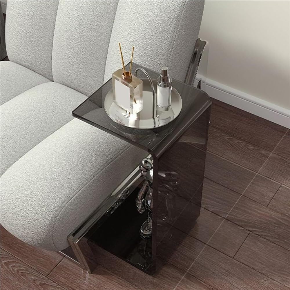 C-Shaped Acrylic End Table, Clear Side Table, Minimalist Rectangle Coffee Table, Small Nightstand for Living Room(Brown,60cm/23.6in)