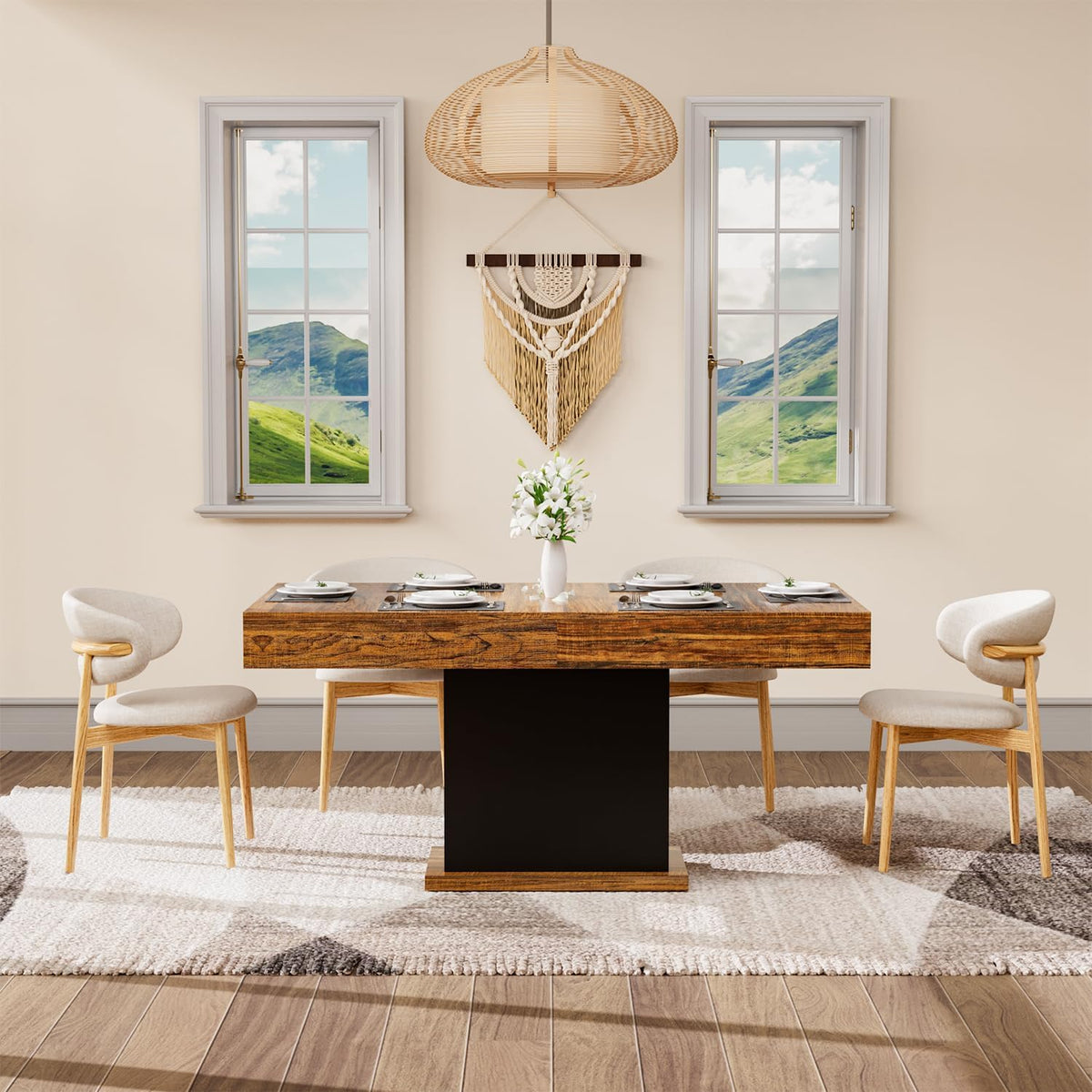 55" Dining Table for 4 to 6 People, Farmhouse Wood Dinner Table with Drawers & Led Lights for Kitchen, Dining Room & Living Room (Oak Brown & Black)