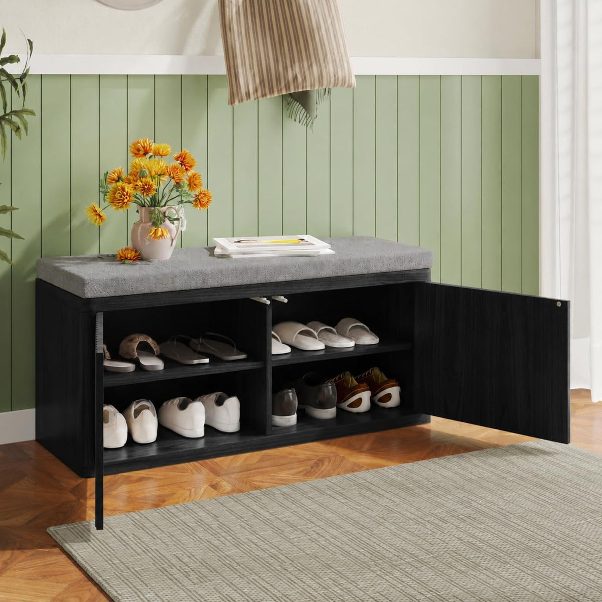 Entryway Shoe Storage Bench with 2" Cushion, 37.4" Small Bench with Shoe Rack, Cabinet Organizer for Hallway, Bedroom End of Bed (Black)