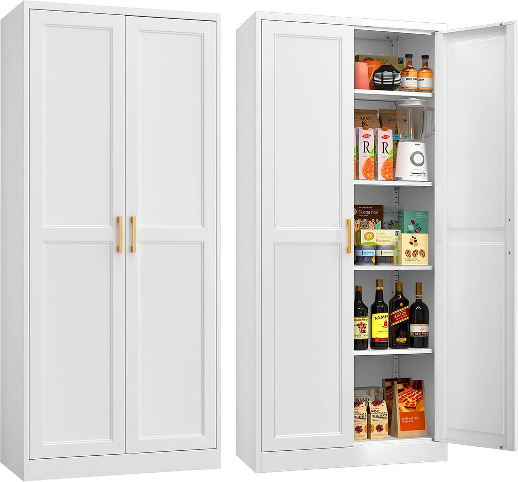 71"Tall Metal Kitchen Pantry Storage Cabinet with Doors& 4 Shelves | White Pantry Cabinet, Utility Kitchen Cupboard, Large Food Storage Cabinets, Steel Locker for Dining, Office, Living Room