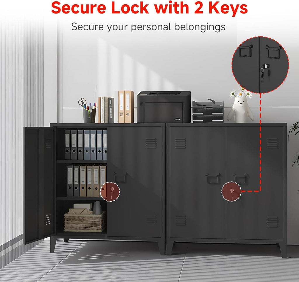 35.4”H Metal Storage Cabinet with Locking Doors and 2 Adjustable Shelves, Garage Storage Cabinet with Lock & Keys for Home School Office (Black)