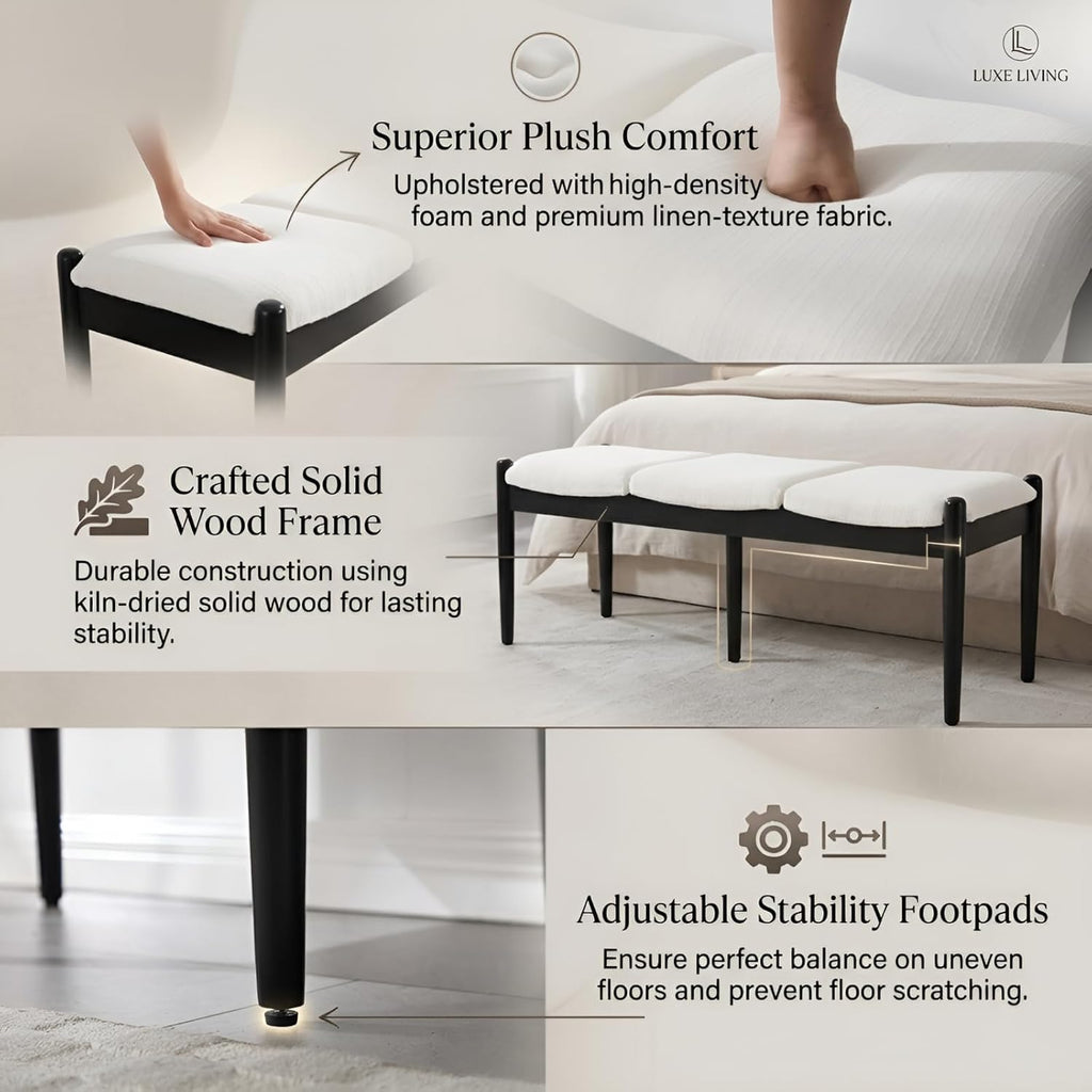 CIMOTA Modern Linen End of Bed Bench, Upholstered Bedroom Ottoman Bench Entryway Bench for Hallway/Dress Room/Living Room, Window Ottoman Bench with Solid Wood Legs, 54 Inch Long, White
