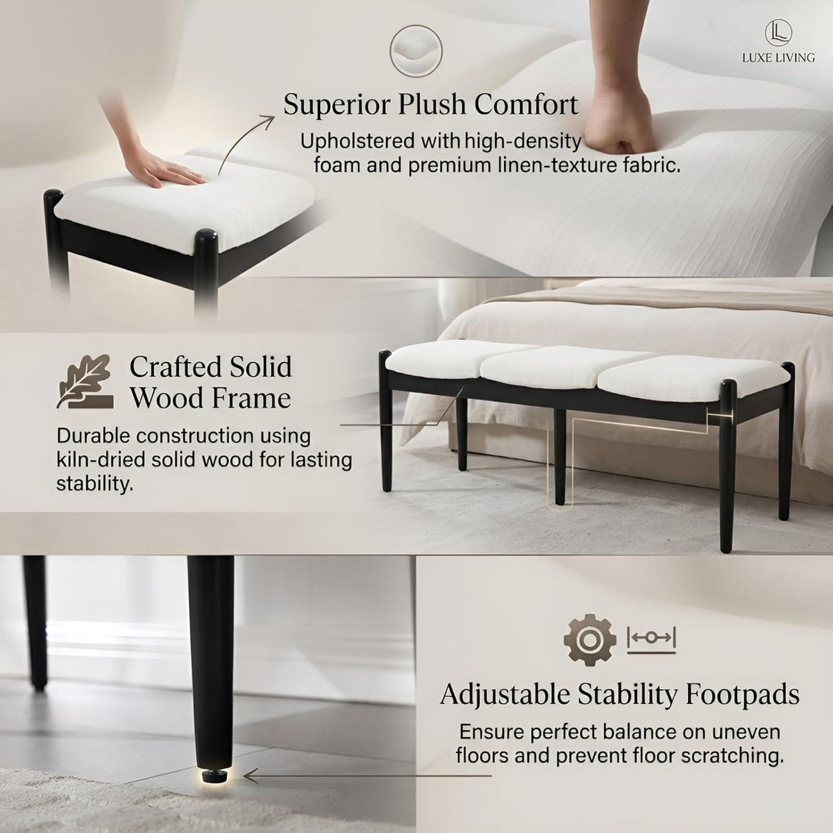 CIMOTA Modern Linen End of Bed Bench, Upholstered Bedroom Ottoman Bench Entryway Bench for Hallway/Dress Room/Living Room, Window Ottoman Bench with Solid Wood Legs, 54 Inch Long, White
